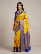 Yellow Kanchipuram Silk Saree — Regal Blue Zari Weave for Weddings & Festive Occasions