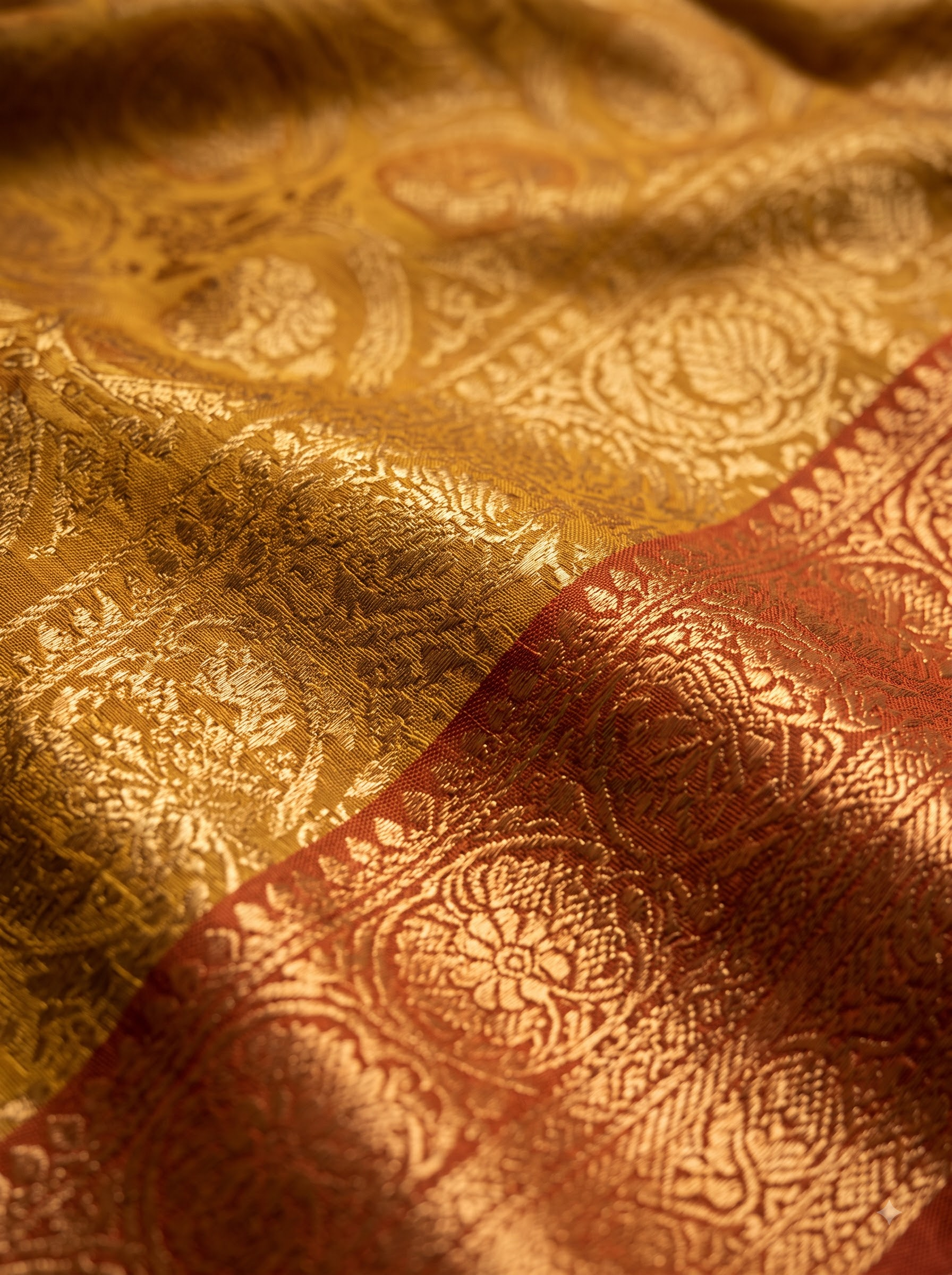 Mustard Gold Kanchipuram Silk Saree with Red Zari Border