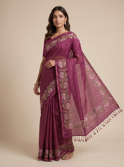 Tussar Silk Checkered Saree in Magenta Wine with Zari Border