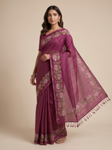 Tussar Silk Checkered Saree in Magenta Wine with Zari Border