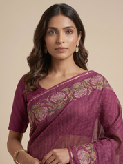 Tussar Silk Checkered Saree in Magenta Wine with Zari Border