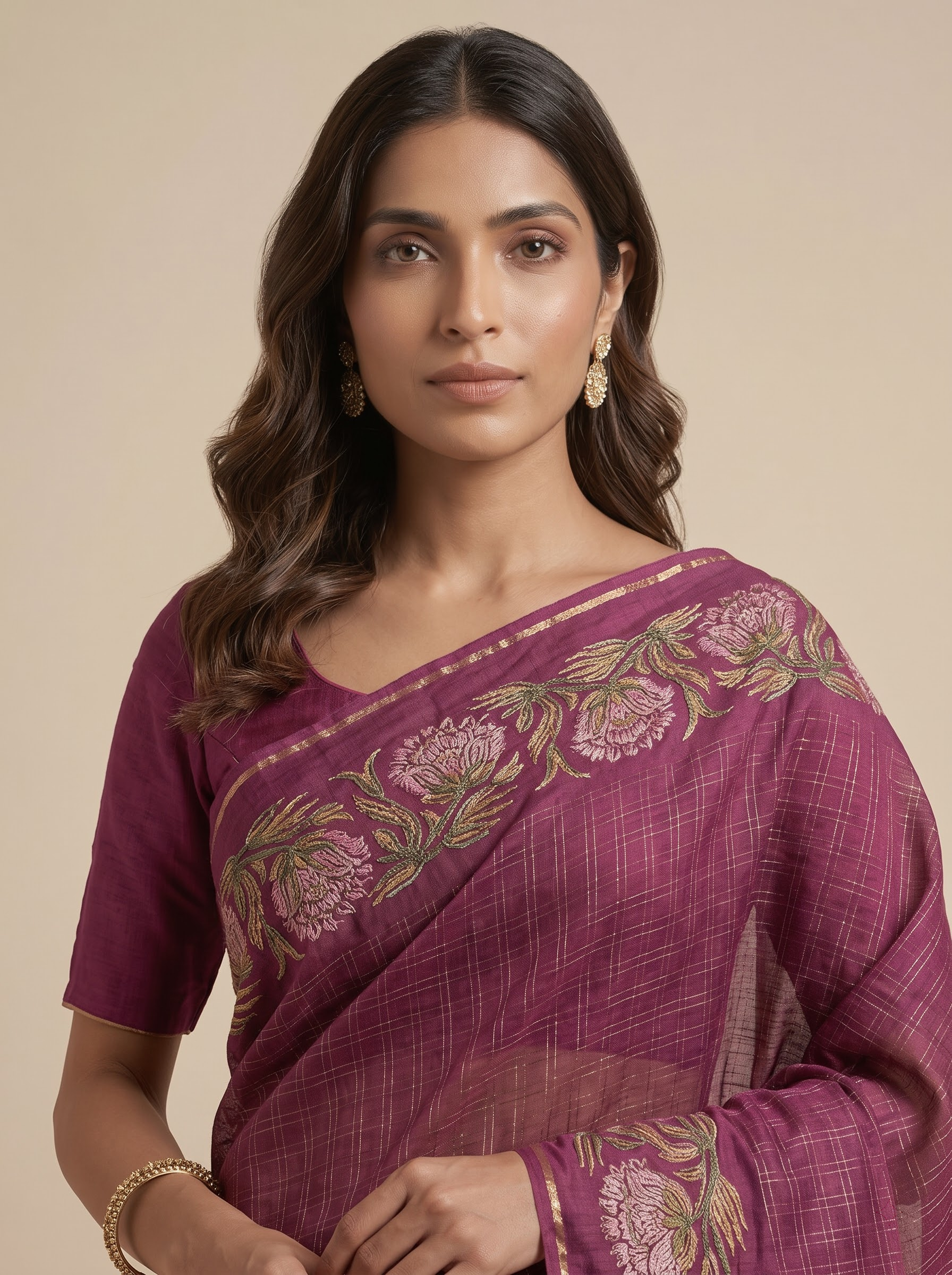 Tussar Silk Checkered Saree in Magenta Wine with Zari Border