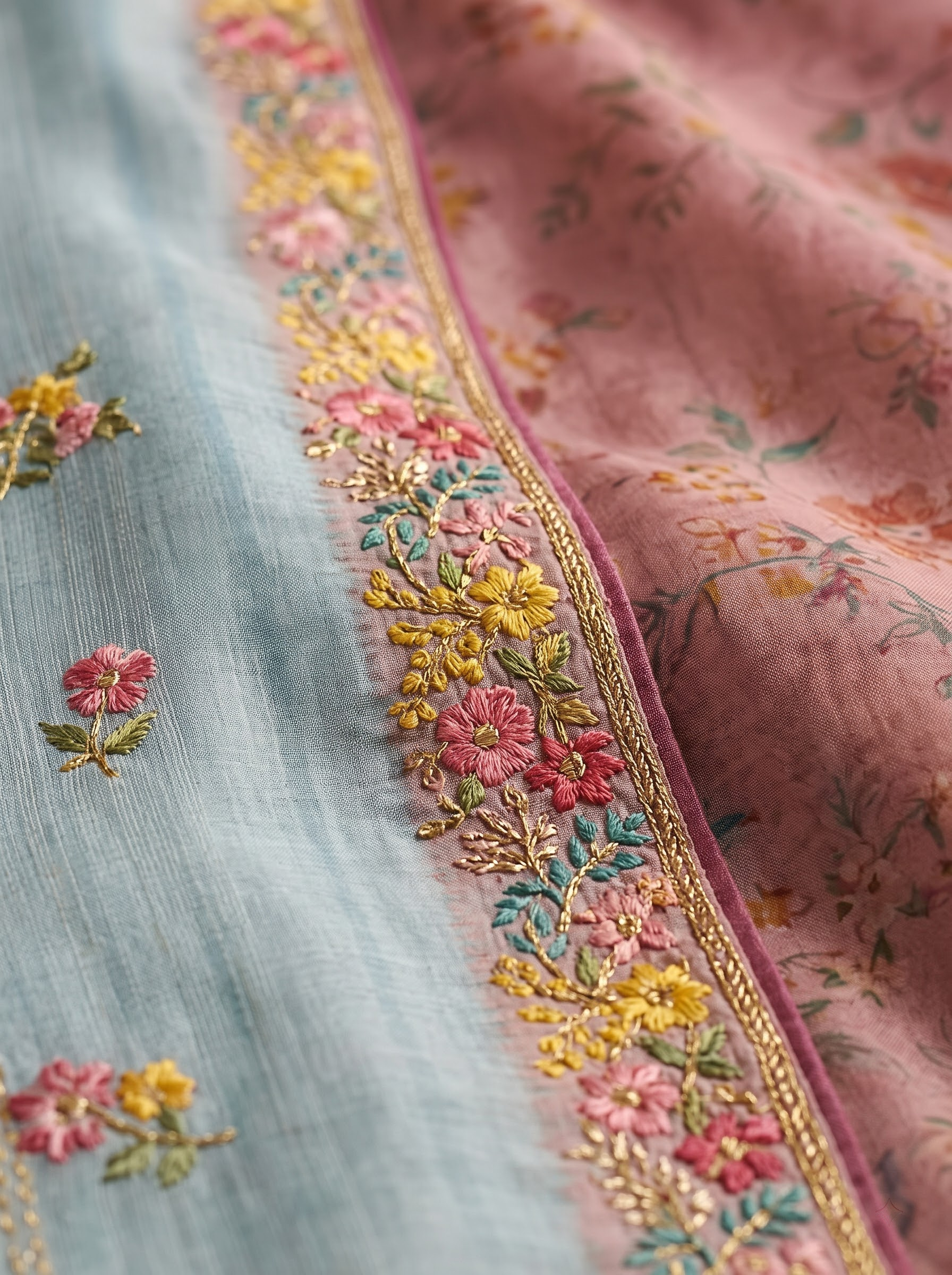 Grey Floral Embroidery Tussar Silk Saree with Contrast Pink Pallu