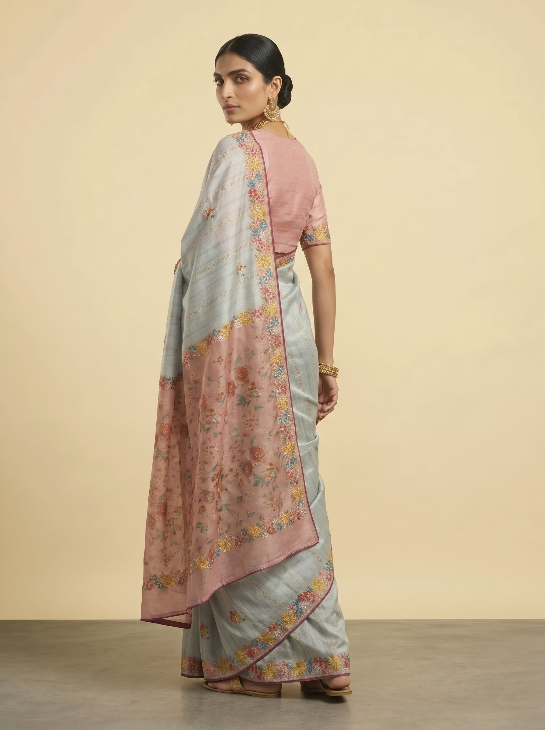 Grey Floral Embroidery Tussar Silk Saree with Contrast Pink Pallu