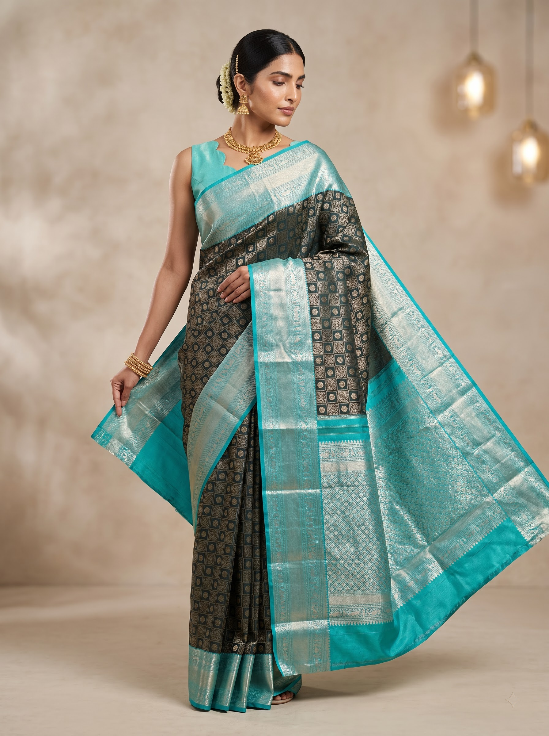 Charcoal Kanchipuram Silk Saree with Teal Zari Border