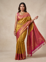 Kanchipuram Silk Saree in Mustard with Contrast Pink Pallu