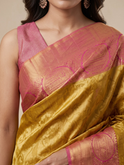Kanchipuram Silk Saree in Mustard with Contrast Pink Pallu
