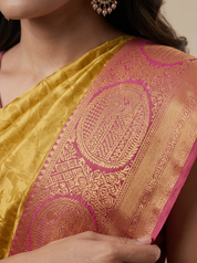 Kanchipuram Silk Saree in Mustard with Contrast Pink Pallu