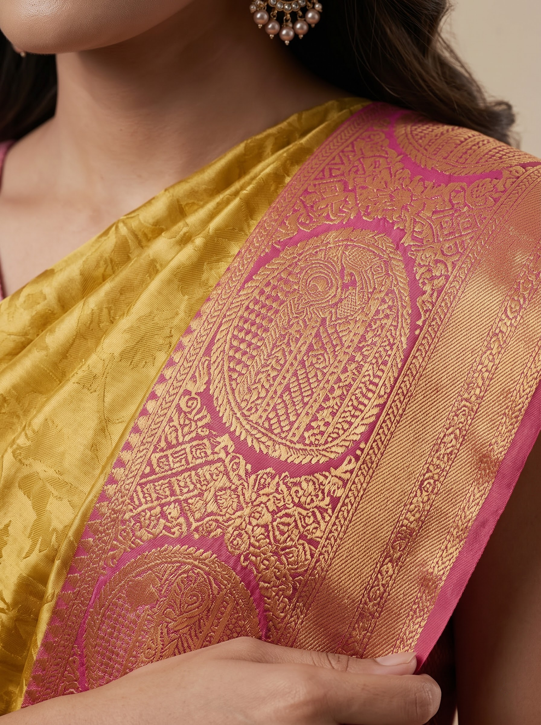Kanchipuram Silk Saree in Mustard with Contrast Pink Pallu
