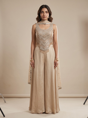 Beige Mirror Work Silk Satin Crop Top & Palazzo Set with Dupatta