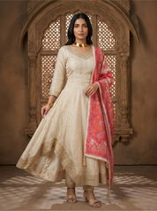 Ivory Anarkali Suit with Pink Banarasi Dupatta