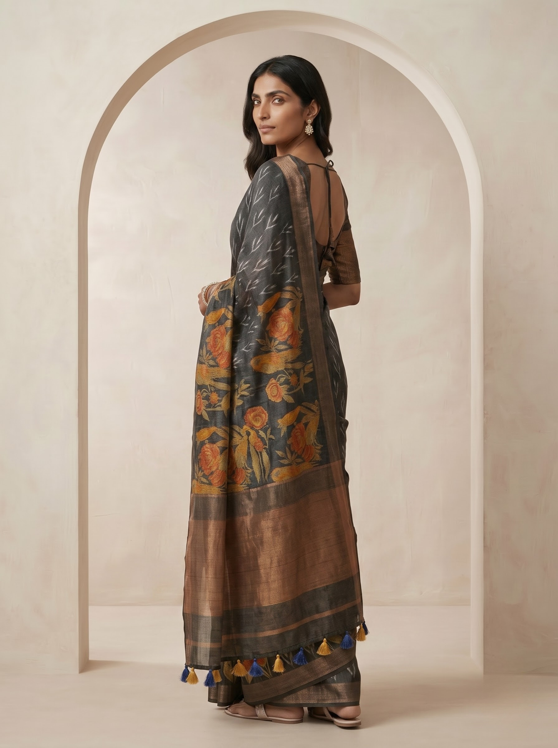 Charcoal Grey Tussar Silk Saree with Floral Print & Zari Border