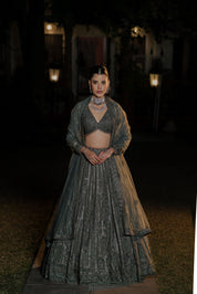 Dark Olive Green Heavy Embroidered Net Lehenga Set