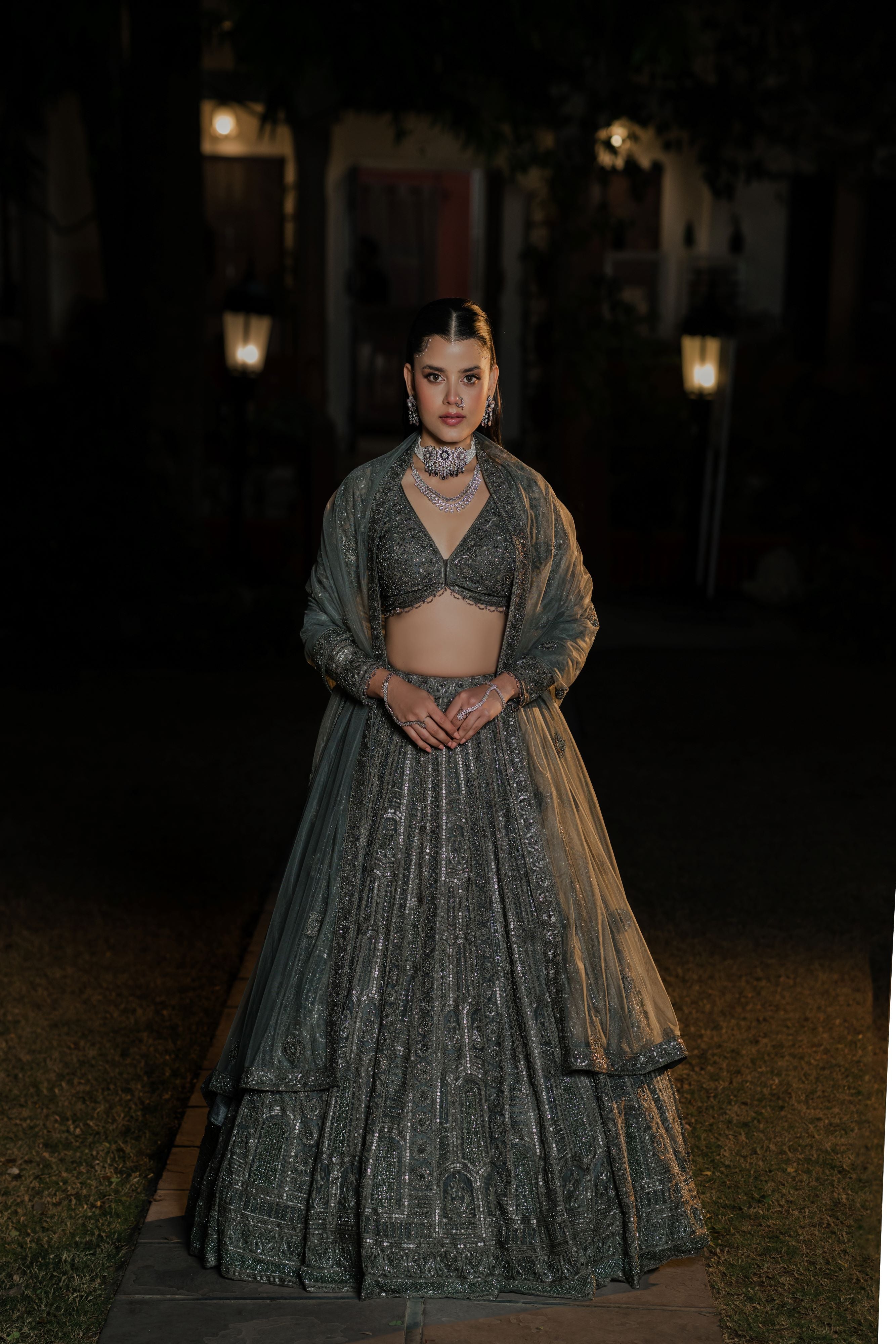 Dark Olive Green Heavy Embroidered Net Lehenga Set