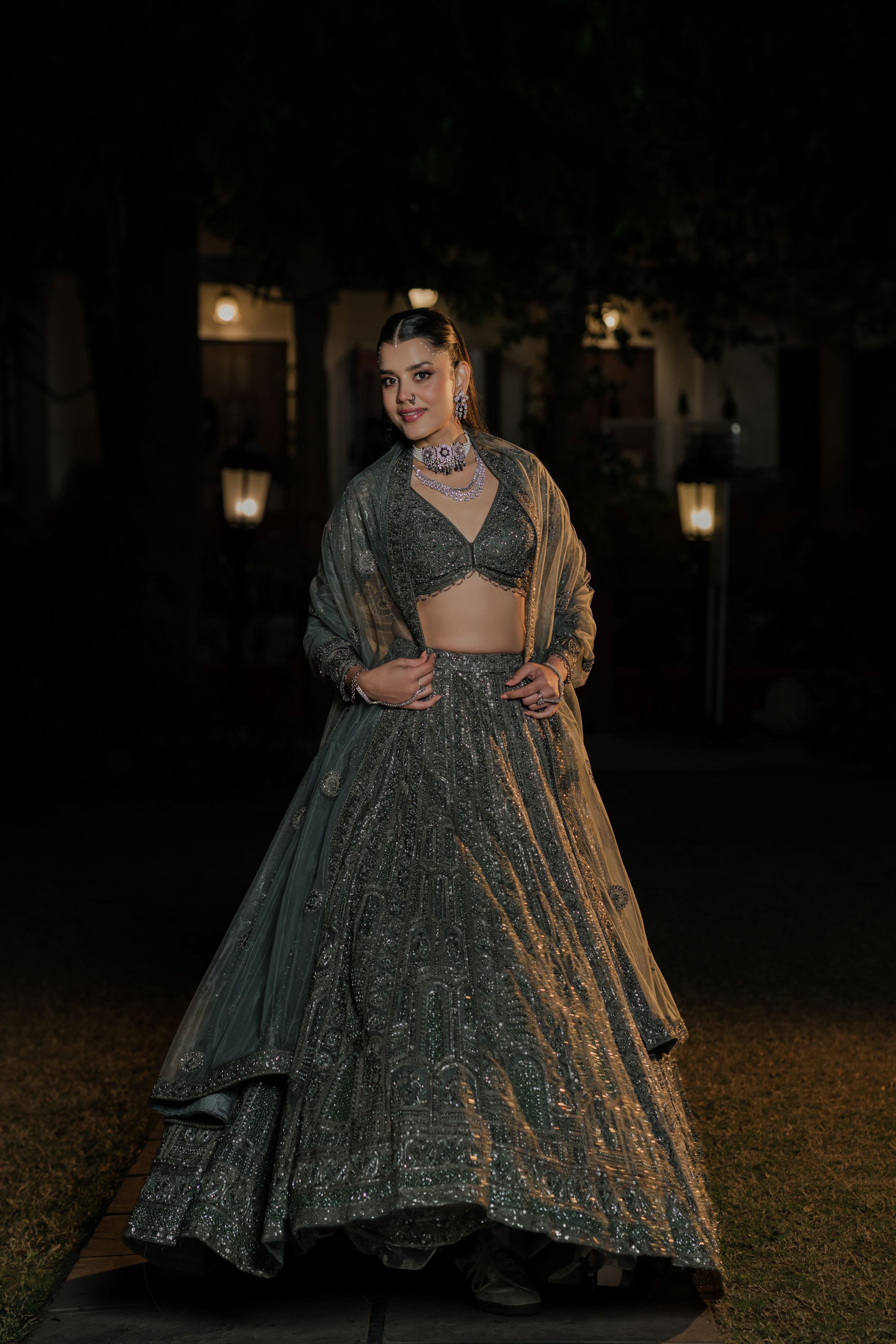 Dark Olive Green Heavy Embroidered Net Lehenga Set