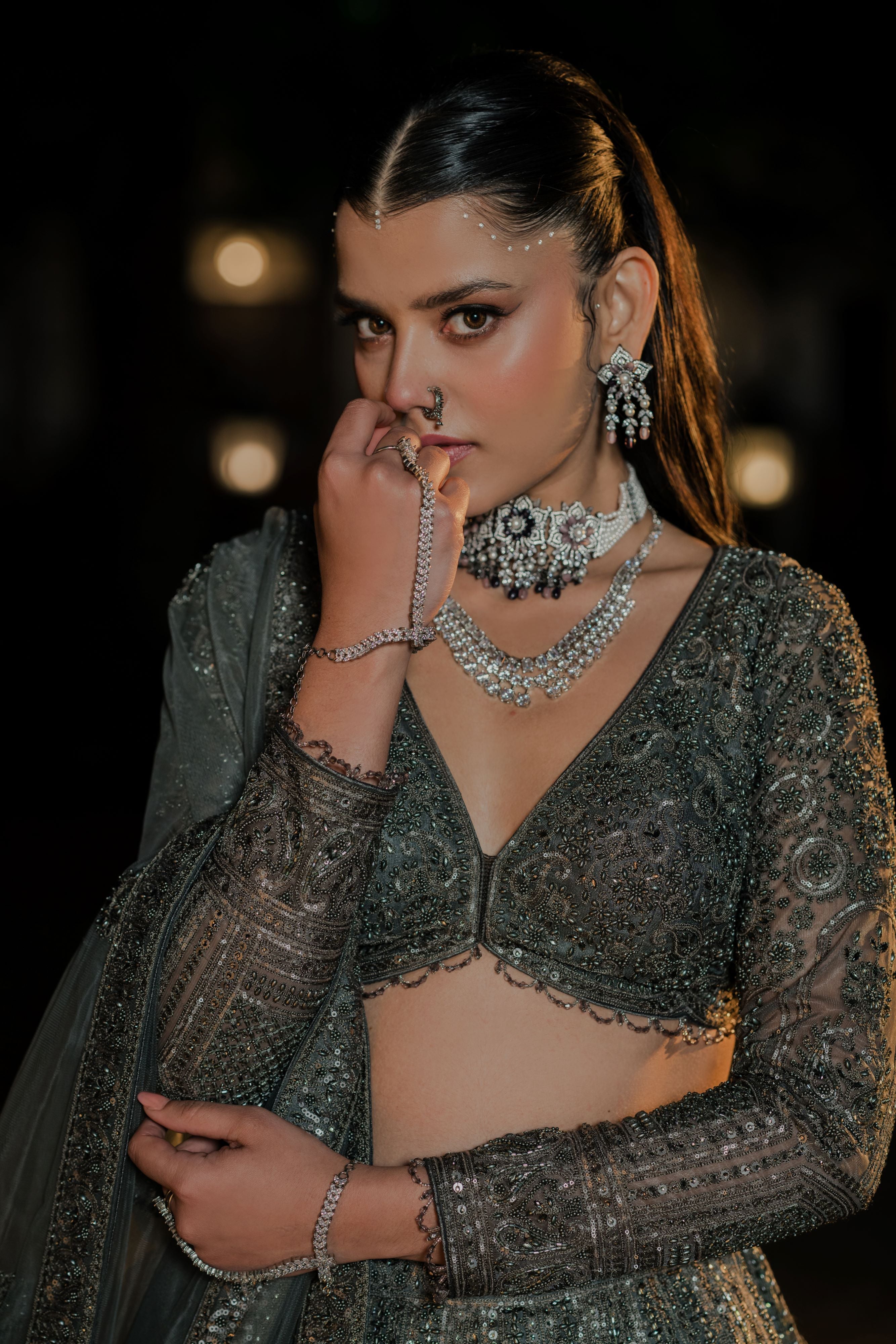 Dark Olive Green Heavy Embroidered Net Lehenga Set