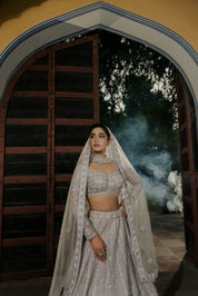 Celestial Dreams: Silver Lilac Embroidered Twirl Lehenga Set