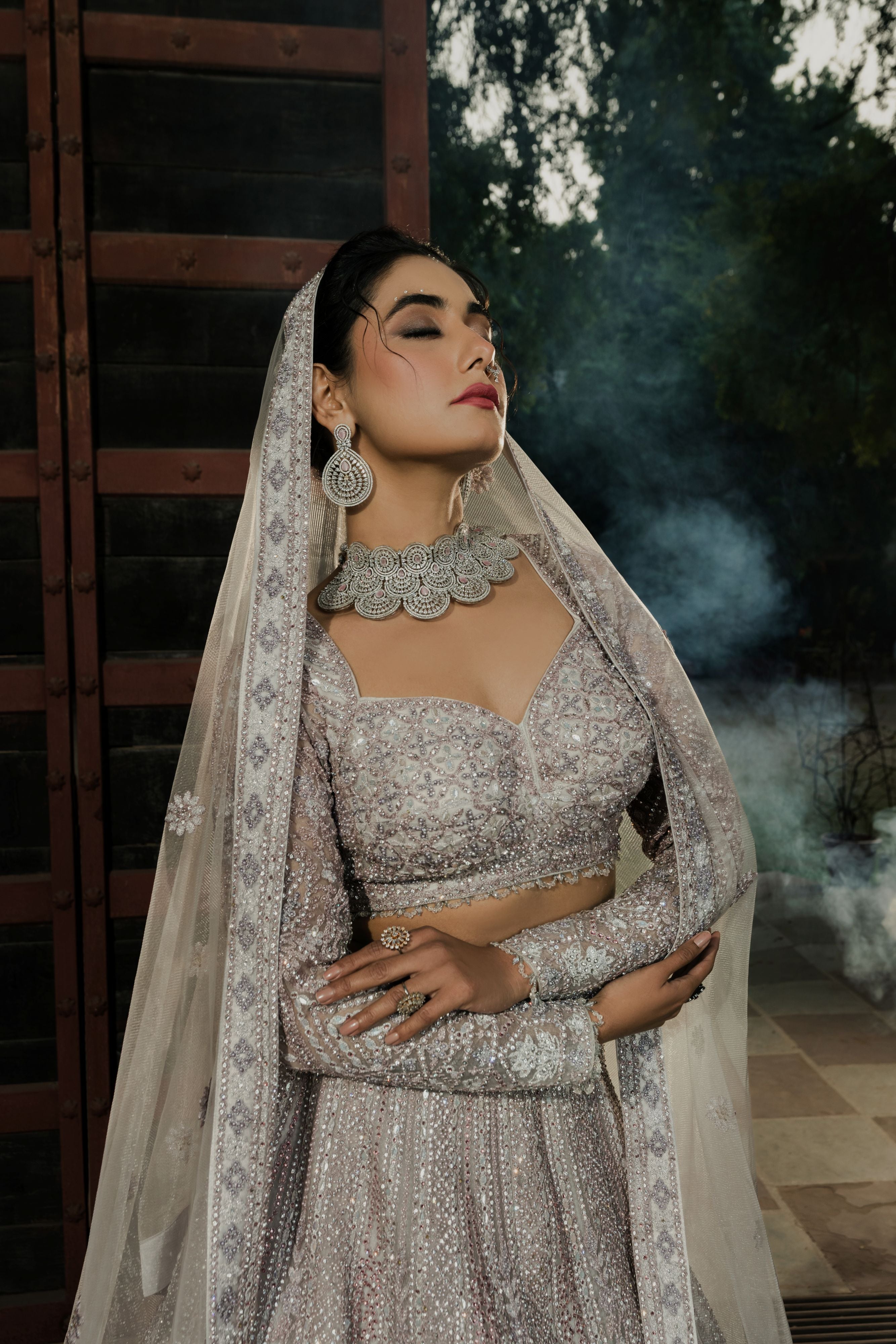 Celestial Dreams: Silver Lilac Embroidered Twirl Lehenga Set