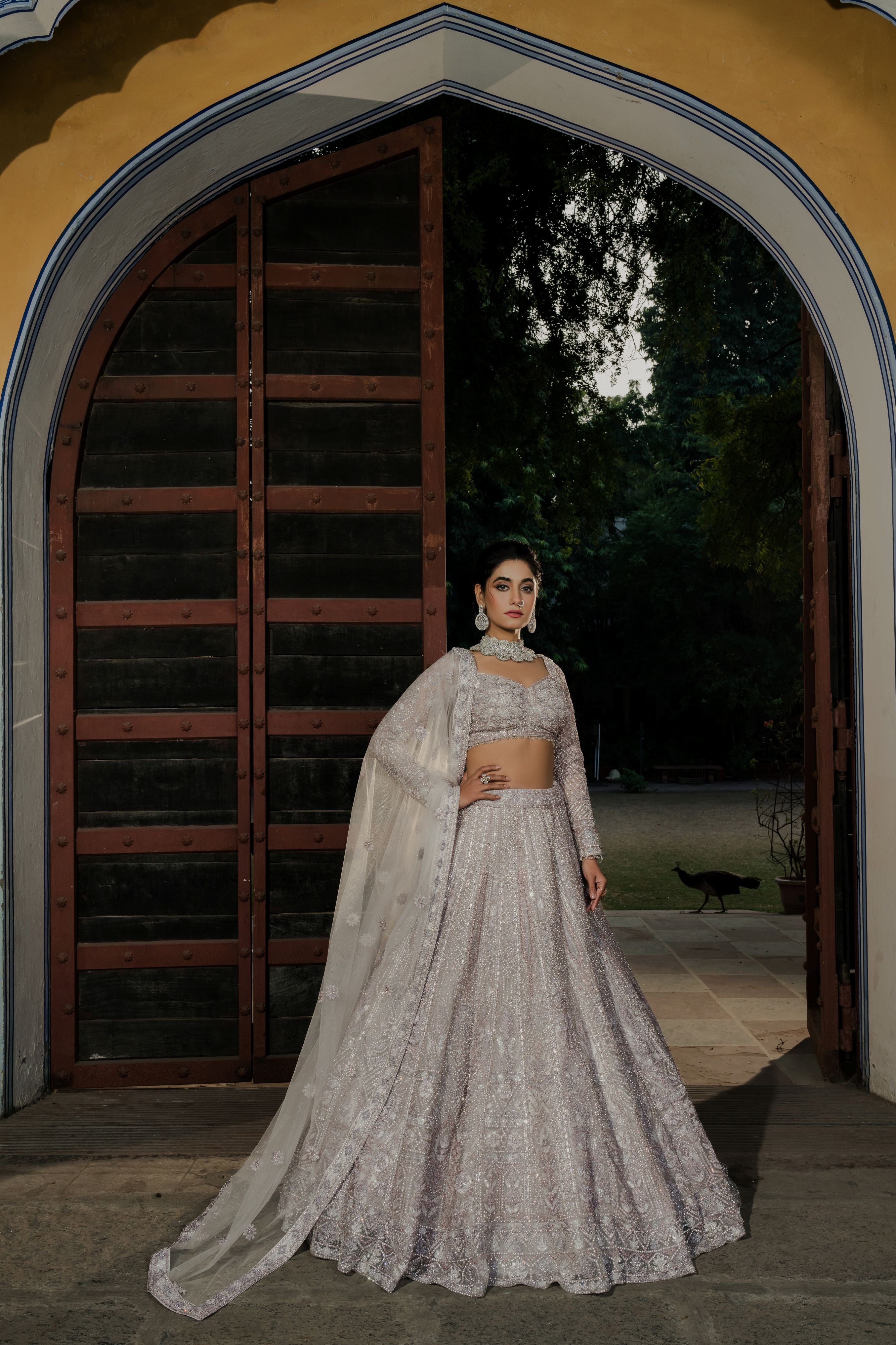 Celestial Dreams: Silver Lilac Embroidered Twirl Lehenga Set