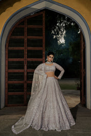Celestial Dreams: Silver Lilac Embroidered Twirl Lehenga Set
