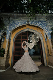 Celestial Dreams: Silver Lilac Embroidered Twirl Lehenga Set