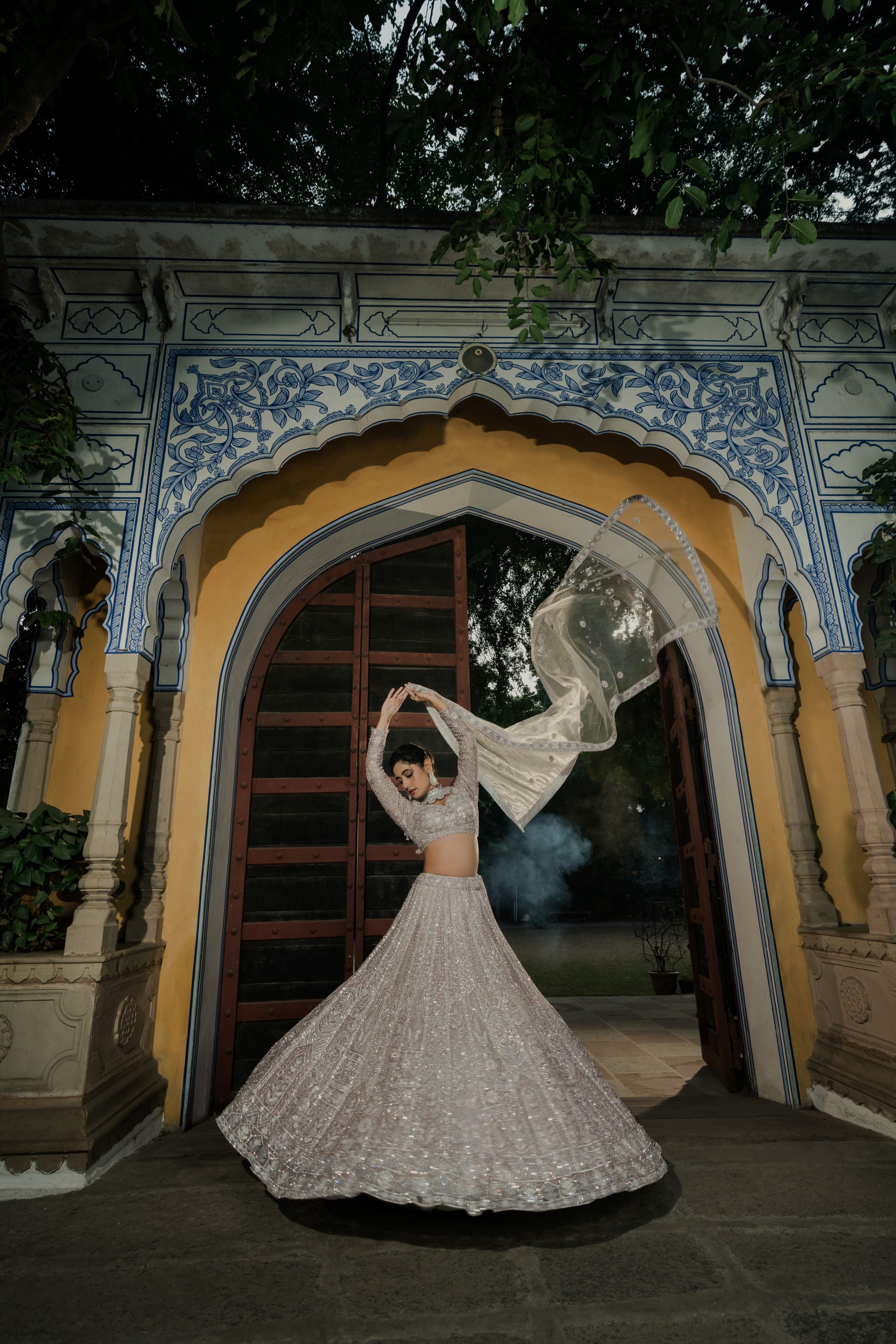 Celestial Dreams: Silver Lilac Embroidered Twirl Lehenga Set