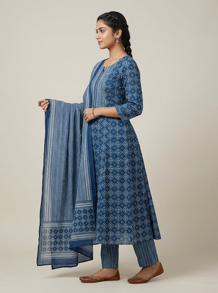 DIVA Navy Blue Floral Paisley Block Print Cotton Salwar Suit | Ethnic Indian Kurta Set for Women