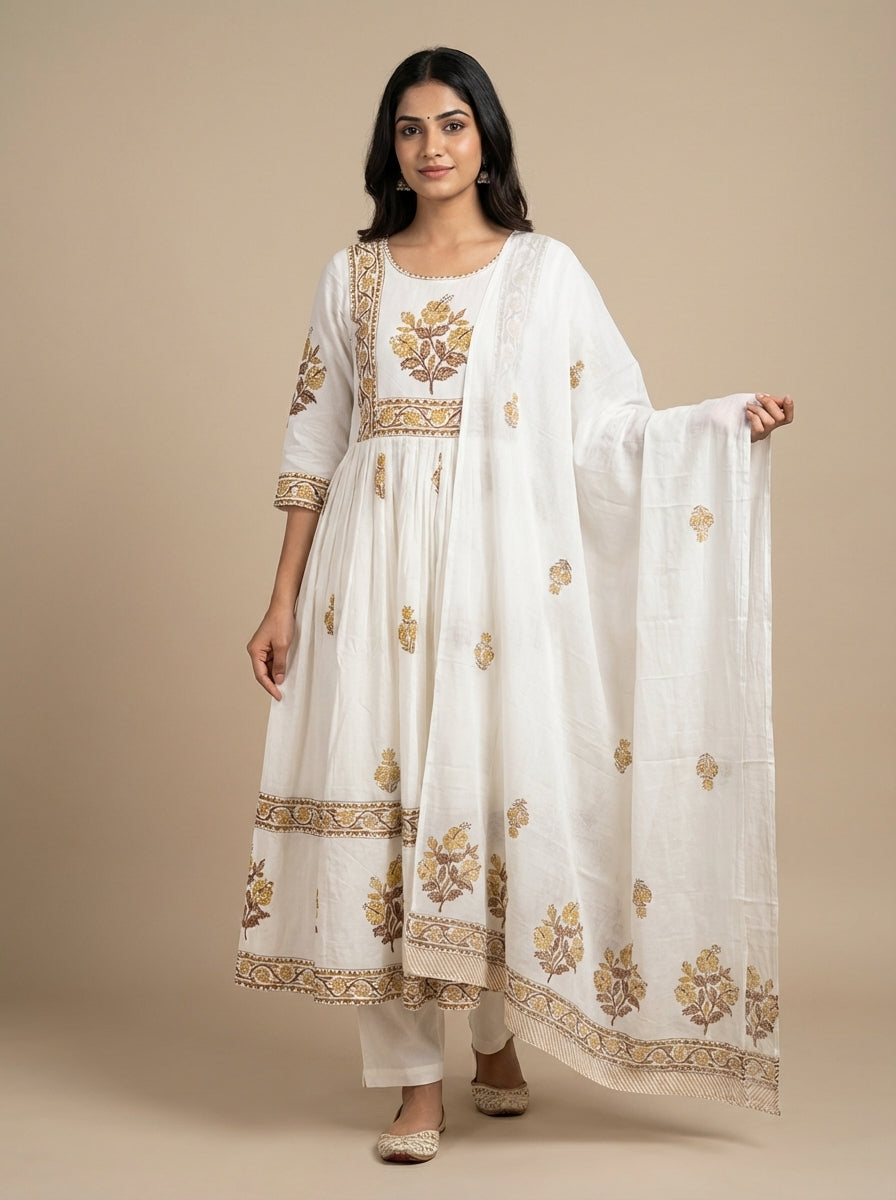 Cream and Brown Geometric Floral Print Cotton Salwar Suit | Ethnic Kurta Set for Women | Festive & Casual Indian Wear