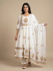 Cream and Brown Geometric Floral Print Cotton Salwar Suit | Ethnic Kurta Set for Women | Festive & Casual Indian Wear