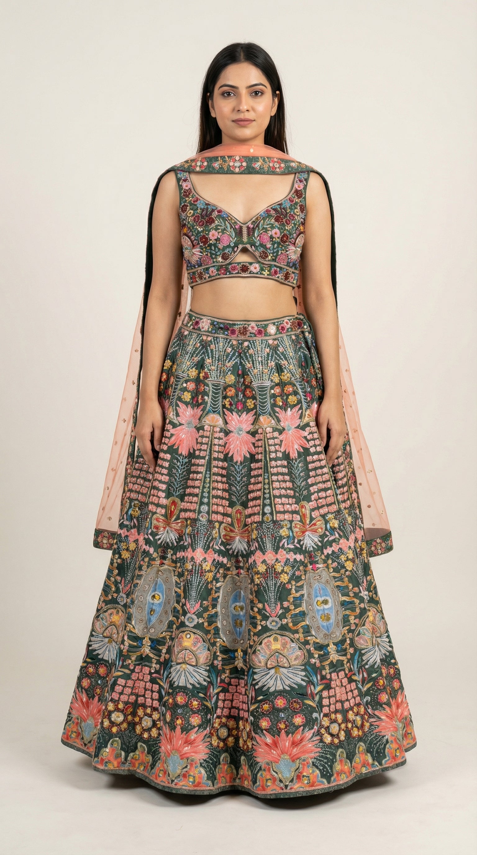 Deep Green Floral Embroidered Raw Silk Lehenga Choli Set by Diva