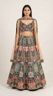 Deep Green Floral Embroidered Raw Silk Lehenga Choli Set by Diva
