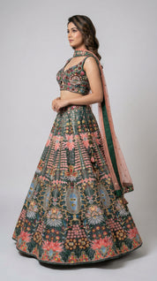 Deep Green Floral Embroidered Raw Silk Lehenga Choli Set by Diva