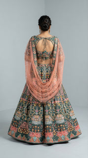 Deep Green Floral Embroidered Raw Silk Lehenga Choli Set by Diva