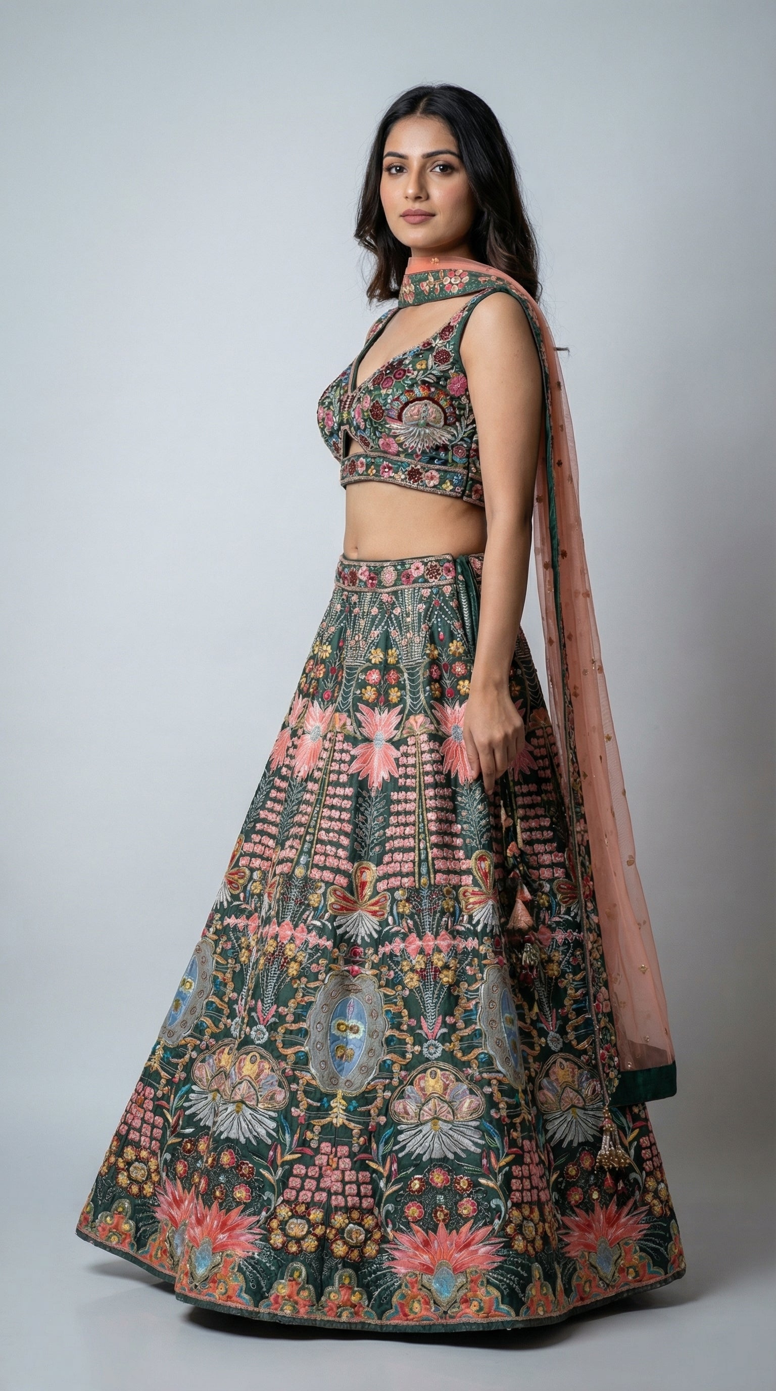 Deep Green Floral Embroidered Raw Silk Lehenga Choli Set by Diva