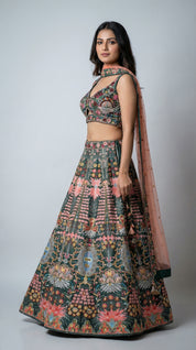 Deep Green Floral Embroidered Raw Silk Lehenga Choli Set by Diva