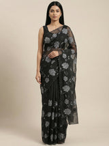 DIVA Black Crushed Designer Saree with Silver Floral Embroidery