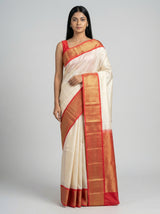 DIVA Kanjivaram Silk Saree with Korvai Border | Ivory & Red Traditional Silk Saree
