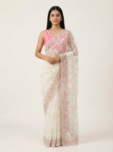 DIVA White Net Designer Saree with Pink Floral Embroidery & Sequin Work