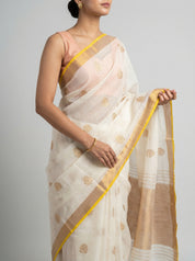 DIVA Pure Saree with Gold Zari Butis & Yellow Border | Ivory Tissue Organza Festive Saree