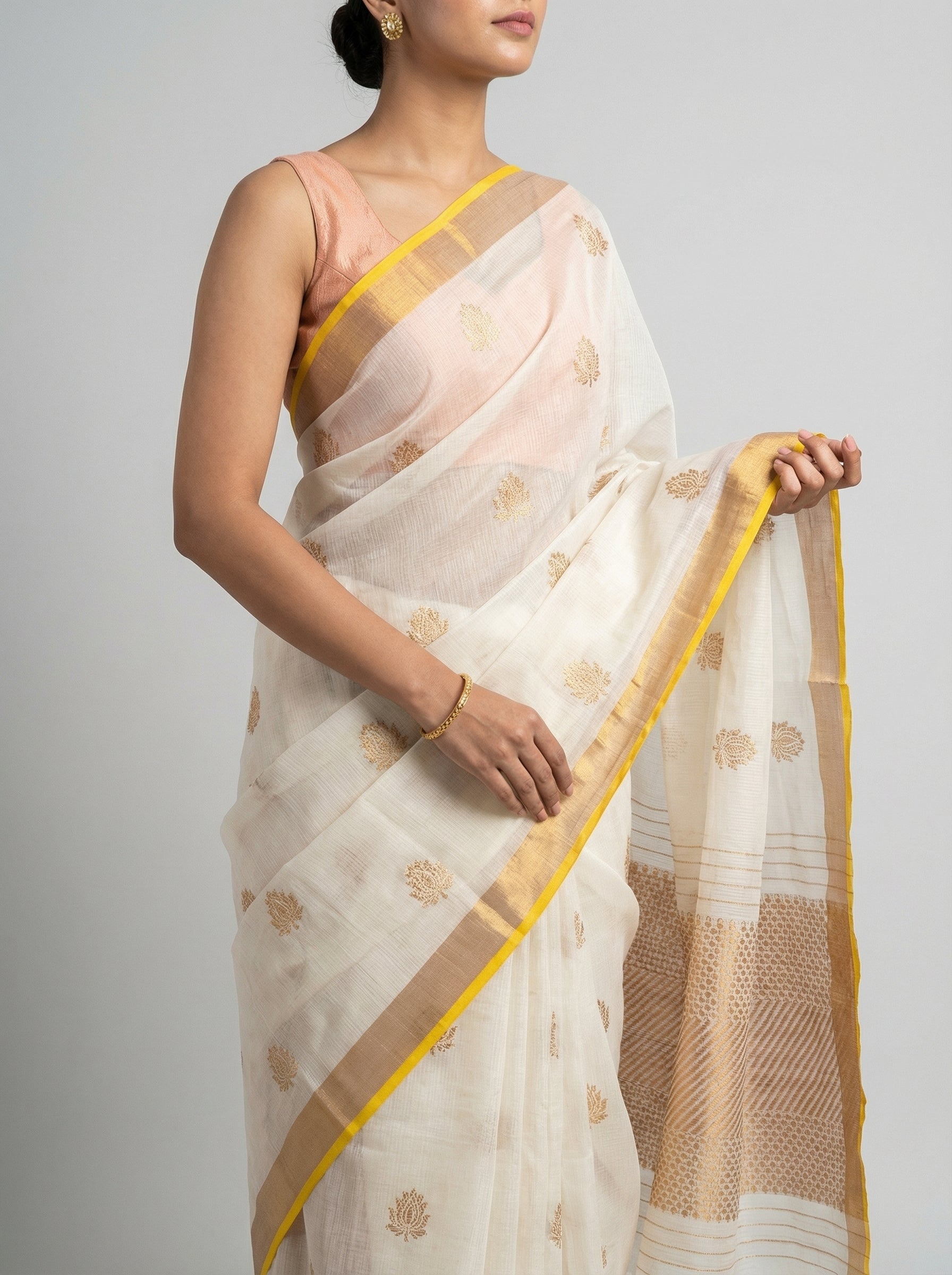 DIVA Pure Saree with Gold Zari Butis & Yellow Border | Ivory Tissue Organza Festive Saree