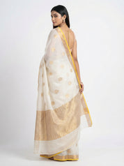 DIVA Pure Saree with Gold Zari Butis & Yellow Border | Ivory Tissue Organza Festive Saree