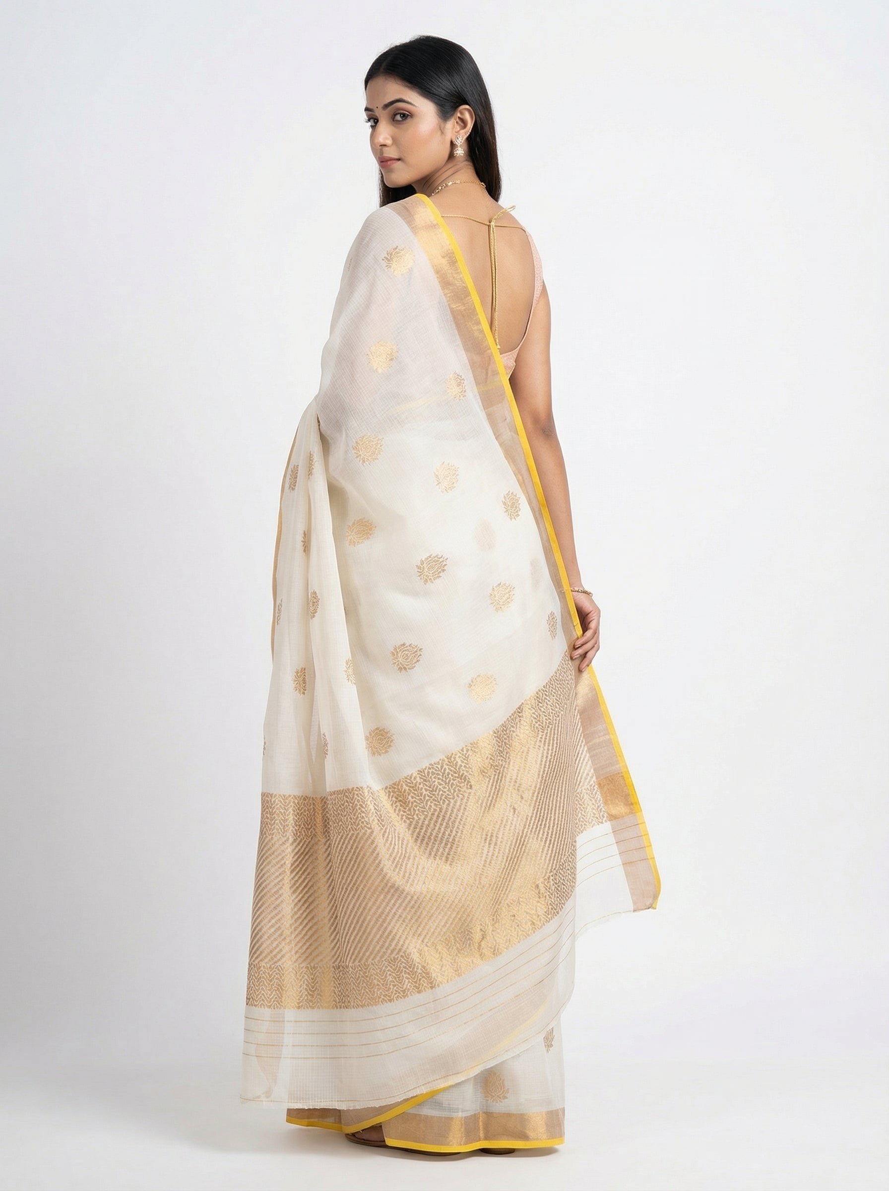 DIVA Pure Saree with Gold Zari Butis & Yellow Border | Ivory Tissue Organza Festive Saree