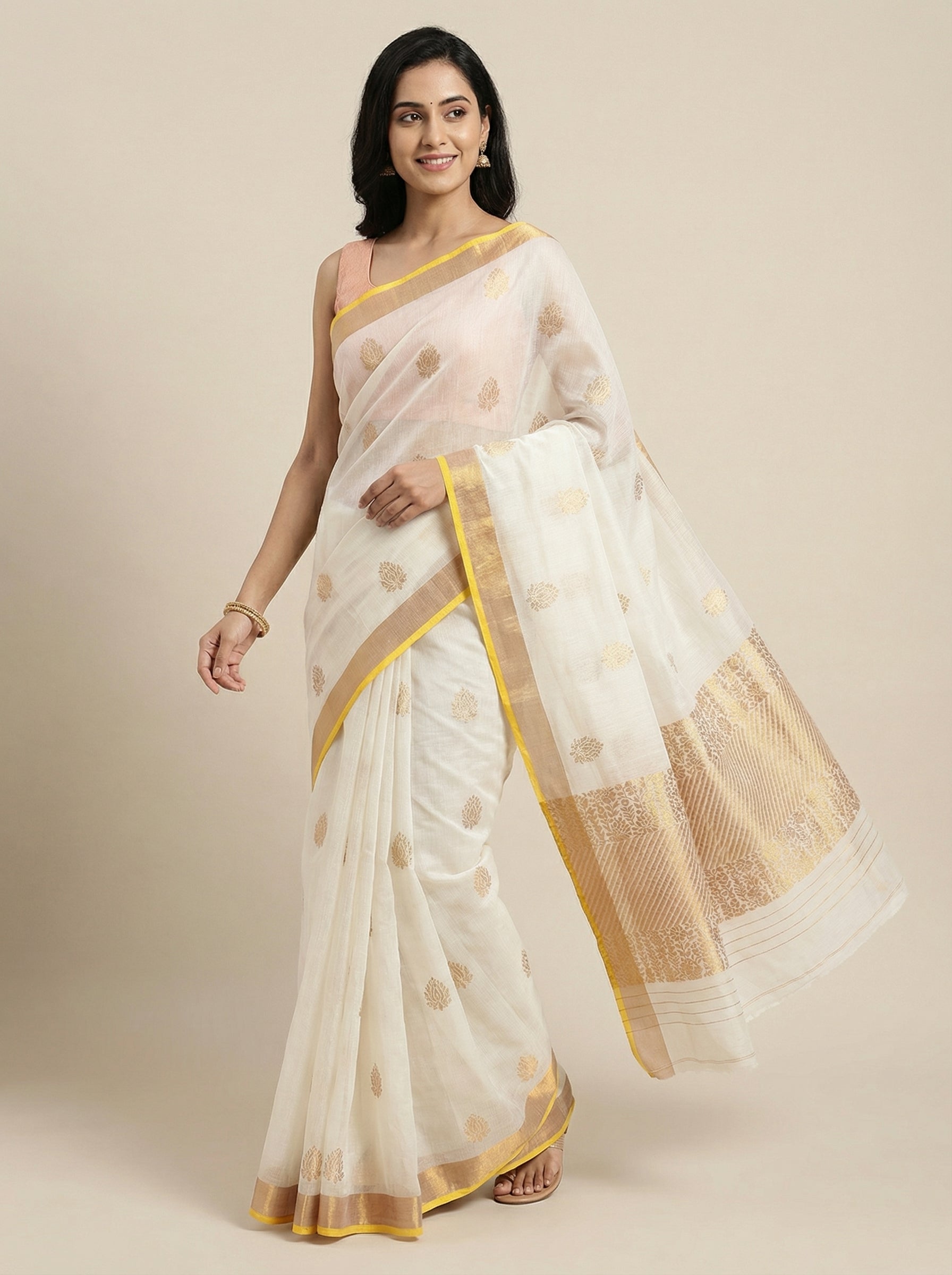 DIVA Pure Saree with Gold Zari Butis & Yellow Border | Ivory Tissue Organza Festive Saree