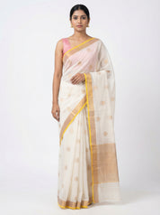 DIVA Pure Saree with Gold Zari Butis & Yellow Border | Ivory Tissue Organza Festive Saree
