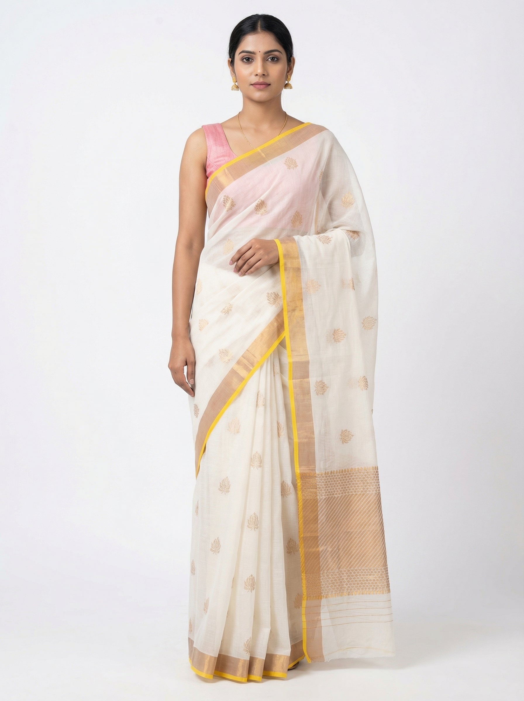 DIVA Pure Saree with Gold Zari Butis & Yellow Border | Ivory Tissue Organza Festive Saree