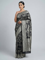 DIVA Black Dola Jari Designer Banarasi Silk Saree with Silver Zari Mythological Motifs | Premium Silk Blend Saree