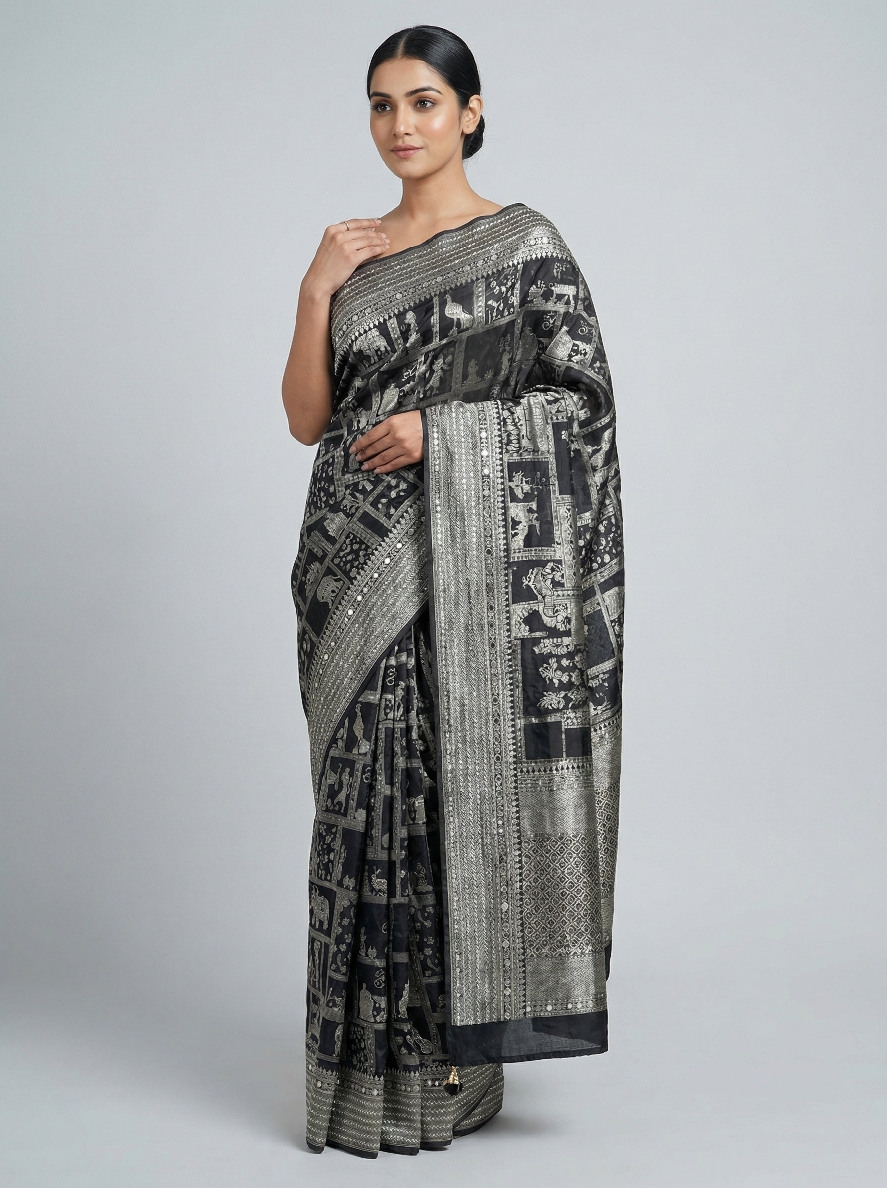 DIVA Black Dola Jari Designer Banarasi Silk Saree with Silver Zari Mythological Motifs | Premium Silk Blend Saree