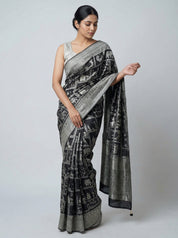 DIVA Black Dola Jari Designer Banarasi Silk Saree with Silver Zari Mythological Motifs | Premium Silk Blend Saree
