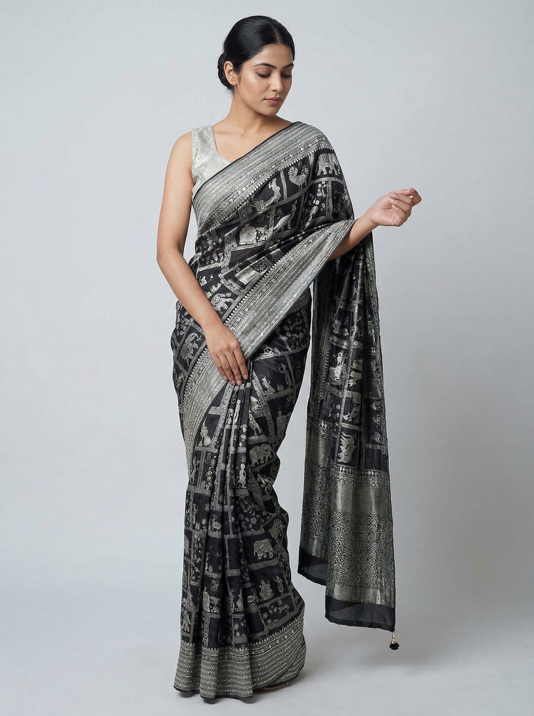 DIVA Black Dola Jari Designer Banarasi Silk Saree with Silver Zari Mythological Motifs | Premium Silk Blend Saree