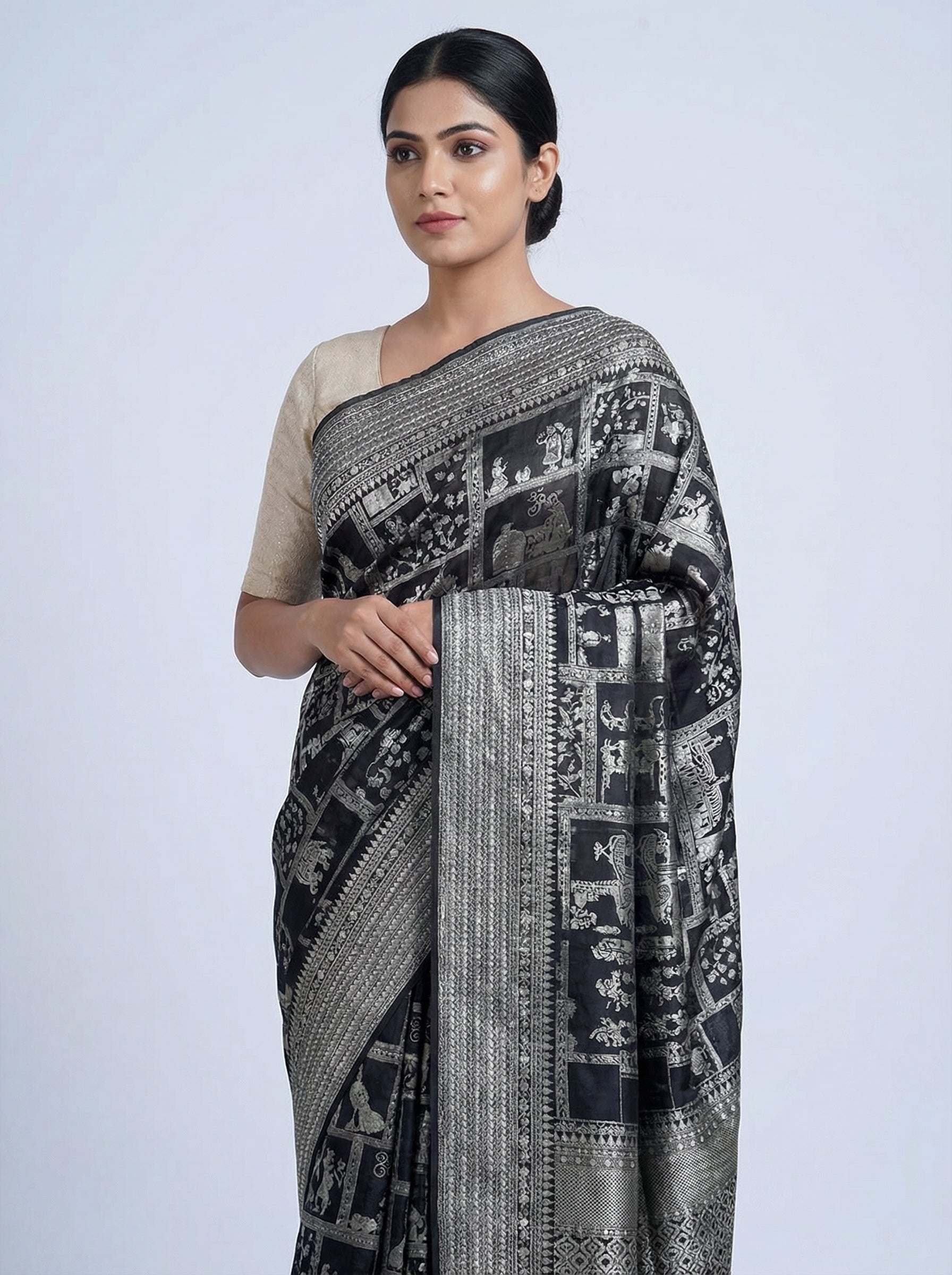 DIVA Black Dola Jari Designer Banarasi Silk Saree with Silver Zari Mythological Motifs | Premium Silk Blend Saree
